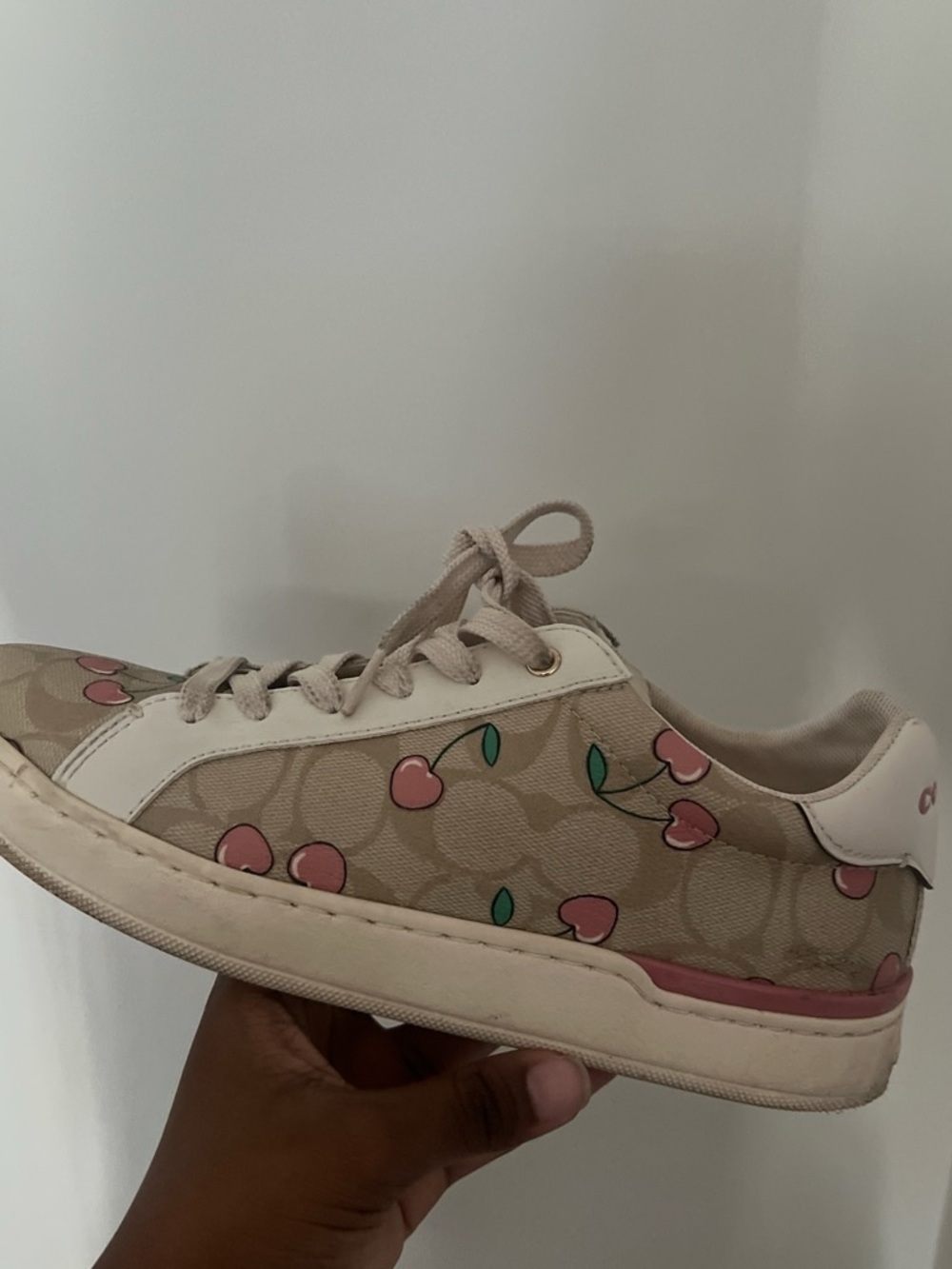 Coach Kids Tan Cherry Print Low-Top Sneaker with Pink Accents